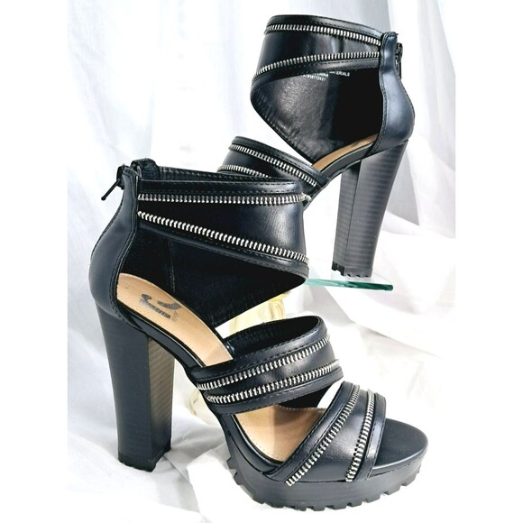 Report Gael Black Zipper Faux Leather Strappy Chunky Platform Heels  Size 5.5 - Picture 1 of 9